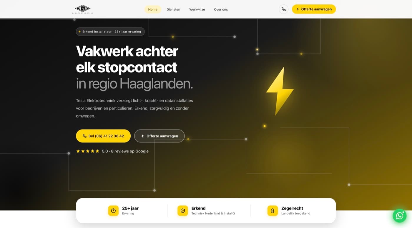 Website van Tesla Elektrotechniek